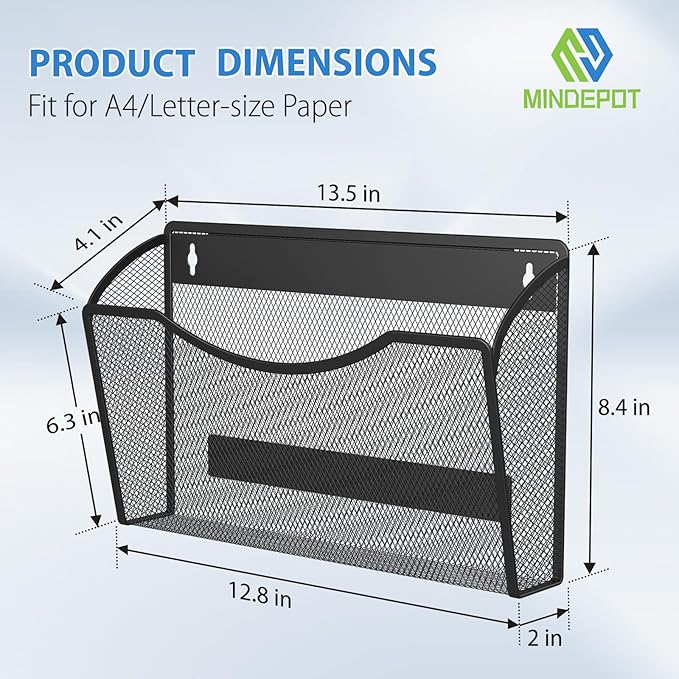 MINDEPOT Magnetic Wall File Holder - Metal Mesh Wall File Organizer with Powerful Magnet Single Pocket Wall Folder Holder for Office File Cabinet Whiteboard, No Assembly Required, Space Saver, Black