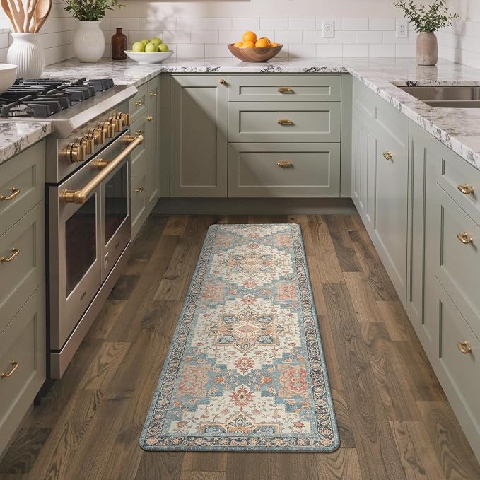 GENIMO Kitchen Mats for Floor, Washable Anti Fatigue Mat for Cushioned, 17.3"x59", Waterproof Kitchen Rugs, Non Slip Foam Comfort Standing Mat Rug for Home, Runner, Sink, Laundry, Blue&Salmon
