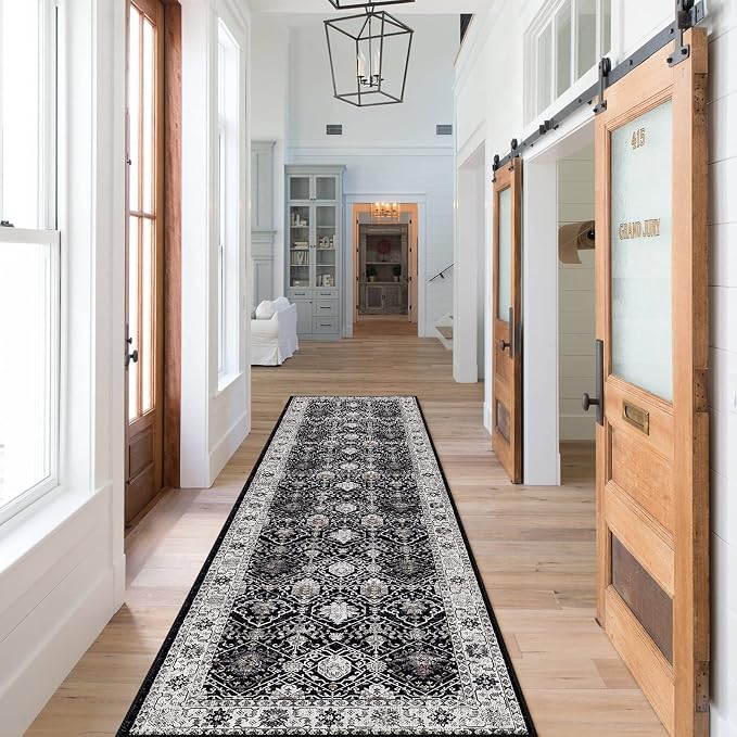 Hallway Washable Runner Rug - 2x7 Kitchen Rugs Entryway Rug Runner Vintage Soft Floor Mat Non Slip Indoor Farmhouse Carpet for Bathroom Living Room Bedroom (2 X 7, Black)