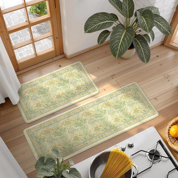 Collive Anti Fatigue Mats for Kitchen Floor, Waterproof Non Skid Kitchen Rugs Sets of 2 Vintage Floral Desk Rug, Foam Comfort Standing Mat for Office, Sink, Laundry, Light Green