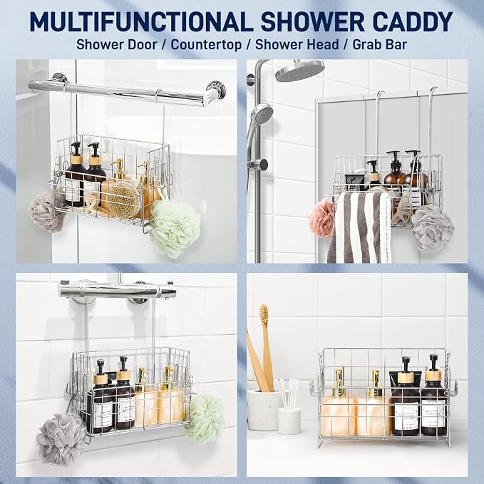 SUTINE Hanging Shower Organizer, Shower Caddy Hanging, Bathroom Storage Rack with Hooks Over the Door, Stainless Steel Rustproof Bathroom Basket Shelf for Bath Faucet or Cross Bar