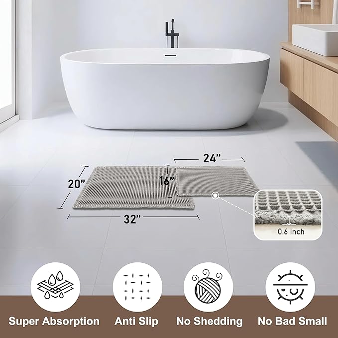 JIUZHEN Set of 2 Waffle Bathroom Rugs Super Absorbent Boho Bath Rugs Non Slip Washable Bath Mats Ultra Soft Machine Washable Shower Mats for Bathroom Floor, Tub, 16" x 24" +20" x 32", Grey