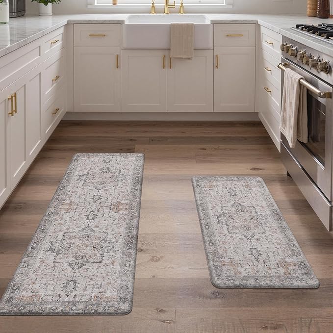 GENIMO Kitchen Mats for Floor 2PCs, Washable Anti Fatigue Mat for Cushioned, 17.3"x47"+17.3"x30", Waterproof Kitchen Rugs, Non Slip Comfort Standing Mat Rug for Home, Sink, Laundry, Soft Rose Taupe