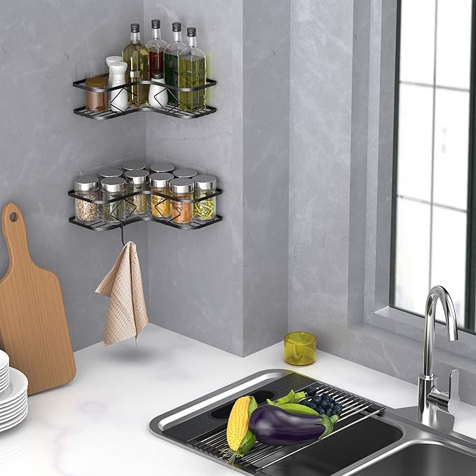 Shower Caddy, 2 Pack Corner Organizer Shelf, Rustproof Wall Mount Shower Storage Rack, No Drilling, 40 lbs Capacity (Glossy Black)