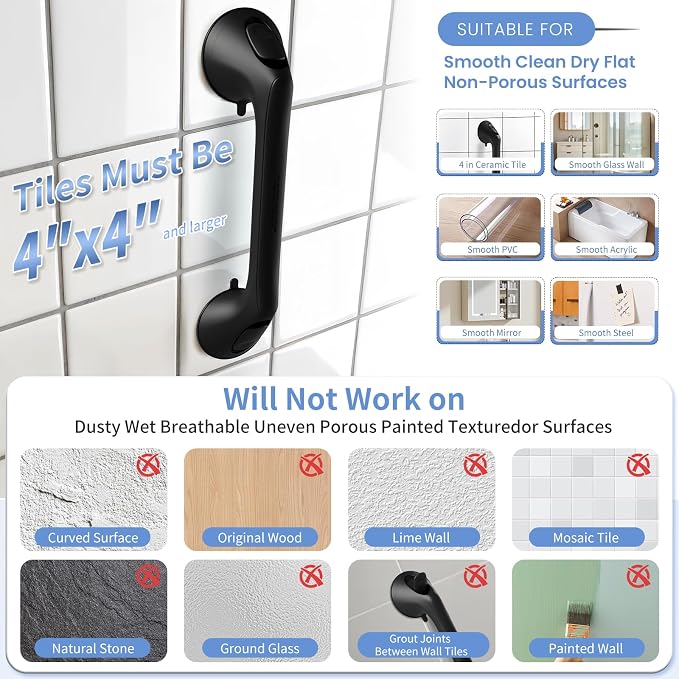 2 Pack 16 Inch Grab Bars for Bathtubs and Showers for Seniors, Heavy Duty Shower Handle for Elderly, Suction Cup Removable Handrails Handicap Bath Grip Bathroom Upgrade Safety Grips (Black)