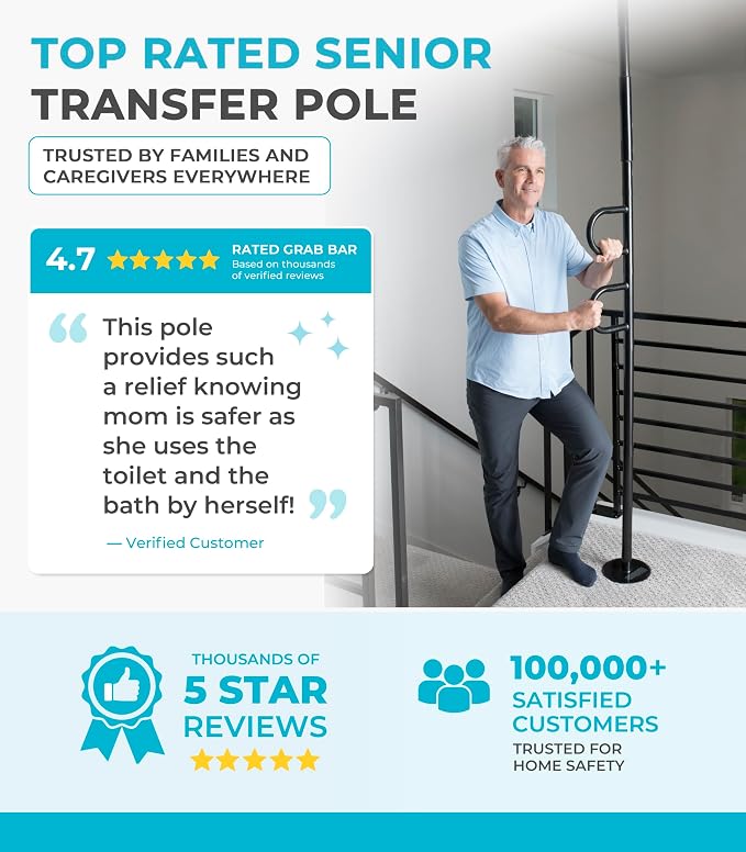 Stander Double Handle Non-Rotating Floor to Ceiling Grab Bar, No-Drill Tension Mounted Transfer Pole for Seniors, Bath Safety & Bedside Assist Rail for Home Standing Support & Fall Prevention, Black