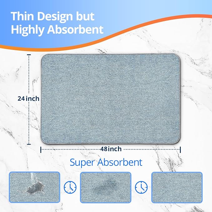 Upgraded Bath Mat 24x48Inch, Thin Bath Mats Rugs with Rubber Backing Non-Slip, Absorbent,Quick Dry Machine Washable, Home Decor Accessories Cozy Cloth Bathroom Rugs fit Under Door/Sink/Tub/Shower-Blue
