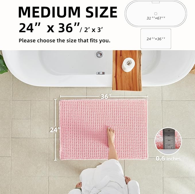 TYUU Light Peachy Pink Bathroom Rugs, Waffle Bath Mat Non Slip Washable Quick Dry Cute Bath Mat Boho Farmhouse Bathroom Decor, 36"x24" Light Peachy Pink