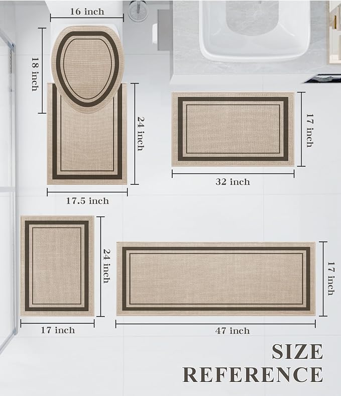chakme Bathroom Rug Sets 5 Piece, Ultra Thin Bath Mat Absorbent, Non Slip, Machine Washable, Light Beige, 17" x 24" / 17" x 30" / 17" x 59"