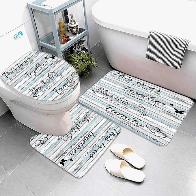 4Pcs Family Shower Curtain Sets with Non-Slip Rugs, Toilet Lid Cover and Bath Mat, Wood Grain Home Bathroom Decor Set Accessories Waterproof Shower Curtains with 12 Hooks, 72 x 72 Inch