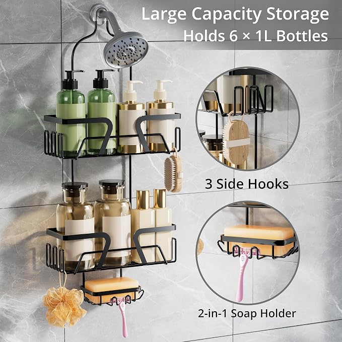 DAOYA Shower Organizer, No Drilling Over Shower Head Caddy with 2 Soap Dish, Rustproof Bathroom Storage Rack for Shampoo Conditioner Soap, Quick-Dry Drainage