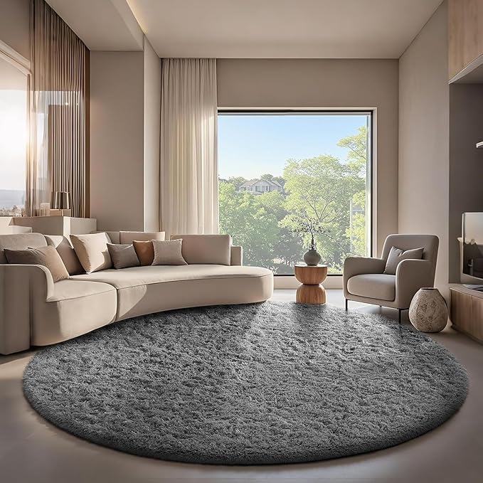 Ophanie Round Rug 7Ft Grey Circle Area Rugs, Large Fluffy Fuzzy Living Room Carpet 7 Foot, Plush Shag Solid Indoor Floor Gray Bedroom Christmas Circular Aesthetic Decor for Kids Teen Boys Baby,Nursery