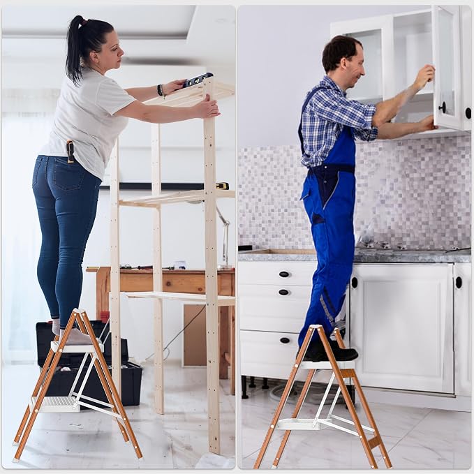 DIAMONDFORGE 2 Step Ladder, Lightweight Folding Step with Wide Anti-Slip Pedal & Feet, 330 lbs Capacity,Sturdy Steel Step Ladder for Home,Office and Library,Light Woodgrain
