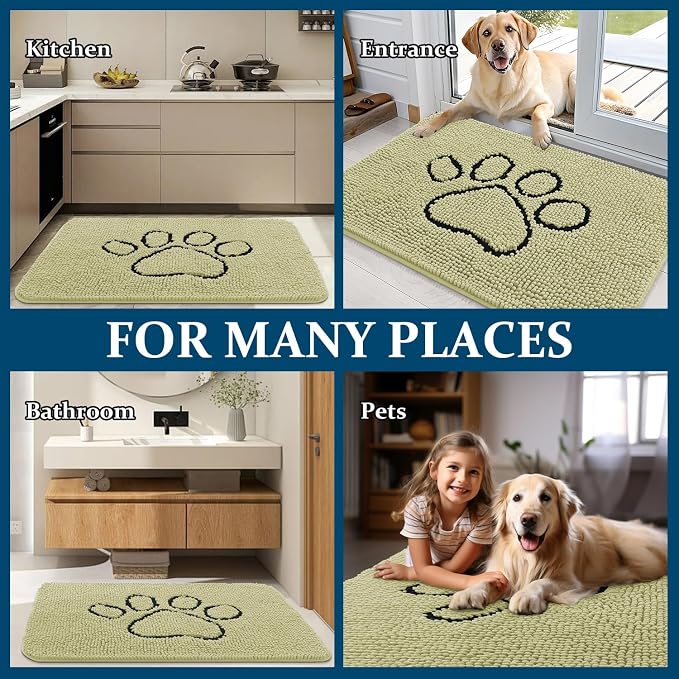 OLANLY Dog Door Mat for Muddy Paws 30x20, Paw Print Design, Absorbs Moisture and Dirt, Absorbent Non-Slip Washable Doormat, Quick Dry Chenille Mud Mat for Dogs, Entry Indoor Entryway Carpet, Vanilla