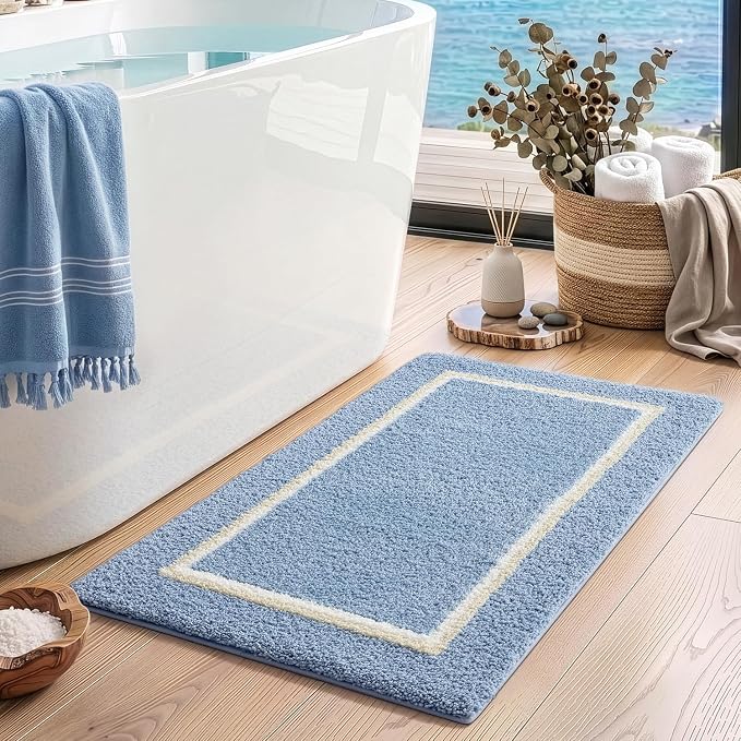 DEXI Bathroom Rugs 32x20, Absorbent Extra Soft Plush Microfiber Bath Mat for Bathroom, Non Slip Washable Bathmat Quick Dry for Shower Floor, Sink, Tub, Laundry Room, Light Blue