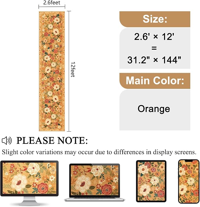 DUKINO 2.6x12 Kitchen Runner Rug, Lightweight Floral Washable Rug for Hallway, Boho Low Pile & Non Slip Backing Soft Floor Carpet for Entryway, Bedroom, Bathroom, Laundry, Orange