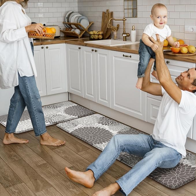Anti Fatigue Kitchen Mat 2PCS,Boho Dahlia Floral Kitchen Rugs Non Slip Rubber Backing,Waterproof Farmhouse Kitchen Mat for Floor,Cushioned Standing Mat for Office,Laundry,Sink,Desk,Grey