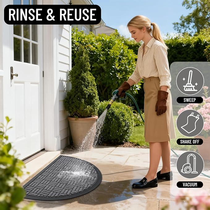 OLANLY Half Circle Door Mat Outside Entrance 29.5x17, Absorbent, Heavy Duty Sturdy Natural Rubber Doormat Indoor Outdoor, Fade Resistant, Non-Slip Backing Low Profile Floor Mat for Entryway, Grey