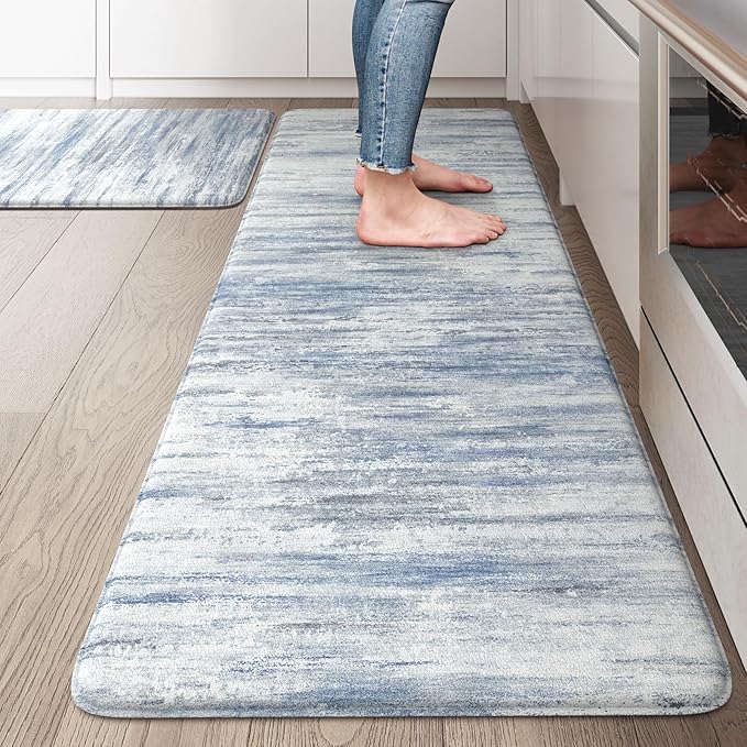 KIMODE Anti Fatigue Kitchen Mat, 20"x47"+20"x32" Boho Abstract Kitchen Rugs Sets of 2, Non-Slip Kitchen Mats for Floor, Cushioned Kitchen Floor Mats for Sink Laundry Office Desk Multi-Blue