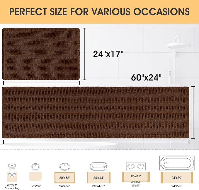 Waffle Bath Mat Set 2 Piece, Boho Woven Modern Bath Rug Absorbent Non Slip, Ultra Soft Bathroom Mats, Machine Washable Knit Bath Rugs with Herringbones for Bathroom, Bedroom, Kitchen, Shower, Brown