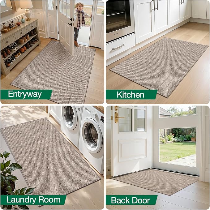 LUMI Ultra Thin Indoor Door Mat for Entrance 24"x36", Non Slip Entryway Mat, Low Profile Doormat, Unique Herringbone Design Carpet for Inside, Patio, Porch, Deep Beige