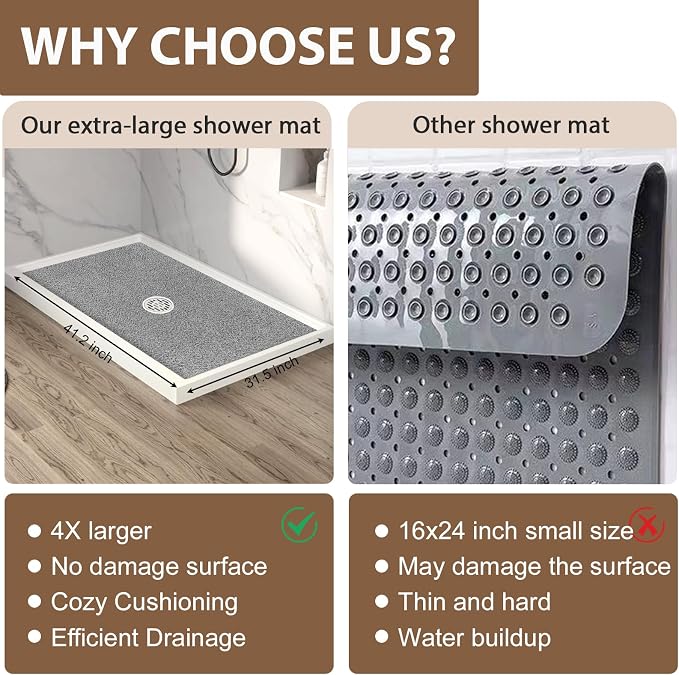 Shower Mat Non Slip: 39.4 x 27.5 Inch Extra Large Shower Mats for Inside Shower with Drain Hole - Soft PVC Loofah Anti Slip Shower Stall Mat for Walk-in Shower and Bathroom, Quick Drying