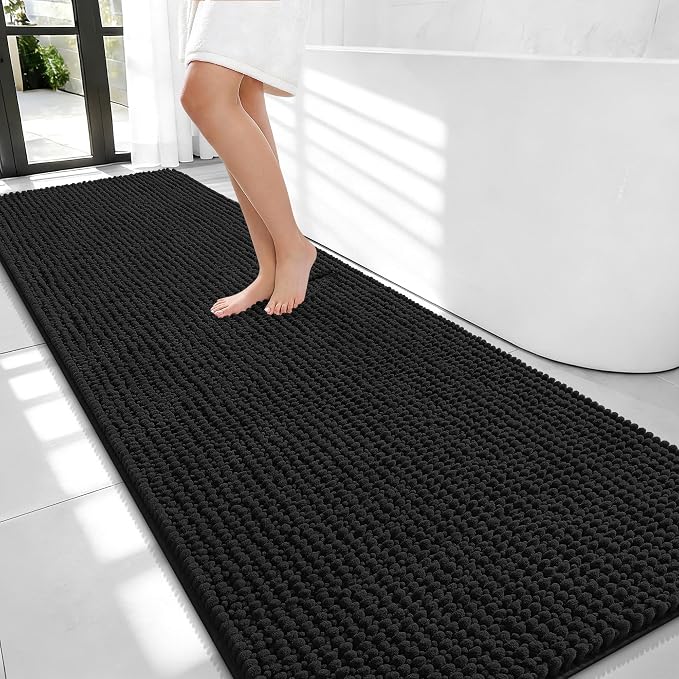 OLANLY Thick Bathroom Runner Rugs 70x24, Extra Soft Absorbent Chenille Bath Rugs, Rubber Backing, Machine Wash Dry, Long Bath Mats for Bathroom Floor, Tub and Shower, Home Decor Accessories, Black