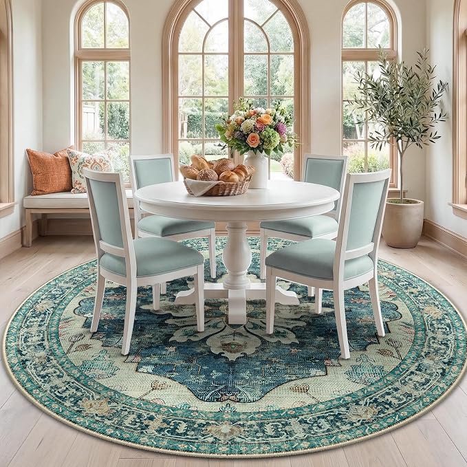 RELEANY Area Rugs Round 7ft Washable Non-Slip, Floral Vintage Distress Medallion Carpet for Living Room Bedroom Dining Room, Dark Blue Vintage