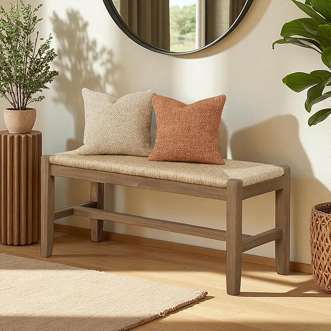 Alaterre Furniture Newport 40 Inch Solid Wood Entryway Bench - Modern Farmhouse Indoor Decorative Bench with Natural Seagrass Rush Seat - Furniture for Entryway, Dining Room, or Kitchen (Natural)
