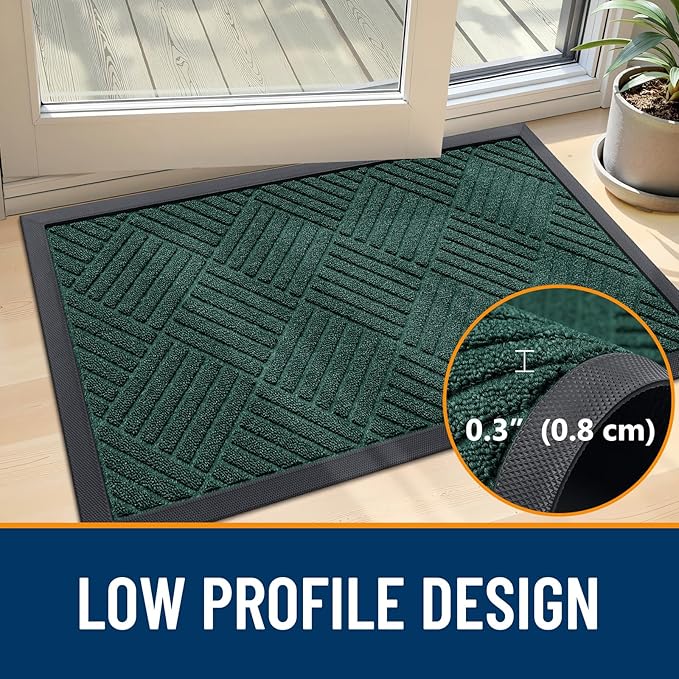 OLANLY Front Door Mat Outside Entrance 47x23, Absorbent, Heavy Duty Sturdy Natural Rubber Doormat Indoor Outdoor, Stain Fade Resistant, Non-Slip Low Profile Floor Mat for Entryway, Black Green Diamond