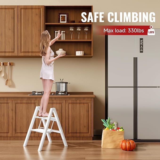 2 Step Ladder, Aluminum Folding 2 Step Stool with Anti-Slip Sturdy and Wide Pedal, Lightweight Portable Stepladder for Home and Kitchen Use Space Saving, Cream White, 330 lbs