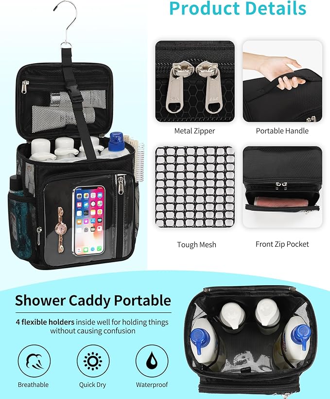 CUBETASTIC Hanging Shower Caddy Portable Bag - Quick Dry Shower Tote for Dorm College Essentials, Water-Resistant Travel Toiletry Bag with Separate Compartment & Multiple Pockets (Black, M)