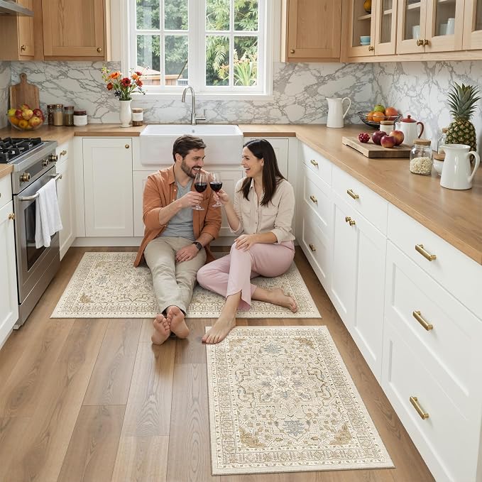 Madane 2-Piece Kitchen Runner Rug Set, Small Area Rug Non-Slip Vintage Door Mat Indoor Entrance, Low Pile Floor Carpet for Inside Front Door Bedroom Entryway Entry Laundry (2x3+2x4, Beige/Blue)
