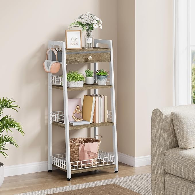 Gewudraw 4-Tier Ladder Shelf with Drawer, Bathroom Table Stand for Small Space, Standing Bathroom Shelves with Storage for Living Room Kitchen Bedroom, Organizer Shelf, White
