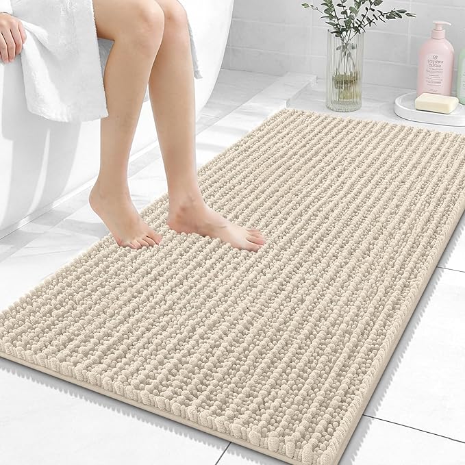 OLANLY Bathroom Rug Mat 44x24, Thick Soft and Absorbent Chenille Bath Mat, Non-Slip Rubber Backing, Machine Washable Quick Dry Bath Rugs for Tub Shower Floor, Home Decor Accessories, Sand