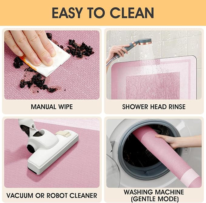 ACCUMTEK Non Slip Bath Mat, Thin Bathroom Rugs Fit Under Door, Quick Dry Bath Mats, Machine Washable Bath Rugs for Bathroom, Bathtub & Kitchen, Bathtub & Kitchen, Pink/Bordered/32 x20
