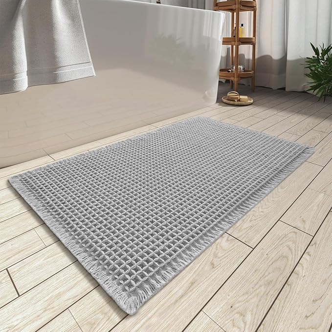 AMOAMI Upgraded Waffle Bath Mat, Super Absorbent Non Slip Bath Mats for Bathroom Floor, Washable Bathroom Rugs with Tassels, Rubber Backed Bathroom Mats, Ultra Soft, 24" x 36", Light Grey