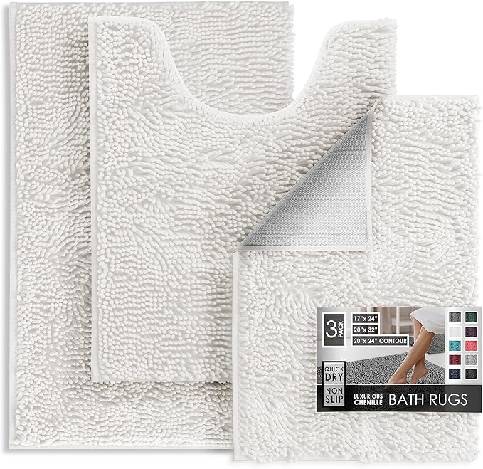 Hearth & Harbor Bathroom Rugs, Chenille Bath Mat - Machine Washable Bath Mats for Bathroom Non-Slip Backing Rubber, Quick Dry Mat - White Bath Rug, 17x24-20x32-20x24
