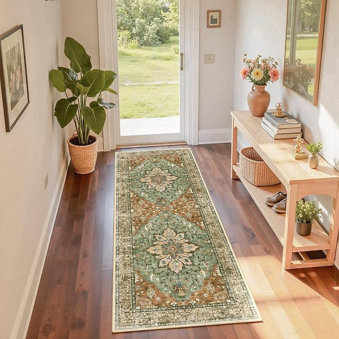 RELEANY Area Rugs Runner 2'x6' Washable Non-Slip, Floral Vintage Distress Medallion Carpet for Kitchen Hallway Bedroom Beside Laundry Room Bathroom, Terracotta Burnt Orange Green