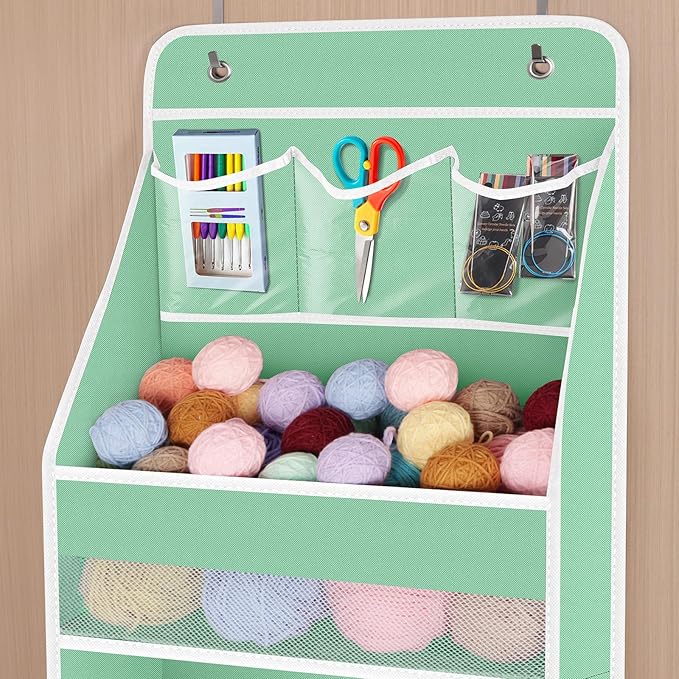 Univivi 5-Shelf Fabric Door Storage Over Door Hanging Organizer with 4 Large Pockets and 3 Small PVC Pockets Nursery Closet Cabinet Wall Mount Hanging Storage Organizers for Baby Nursery (Green)