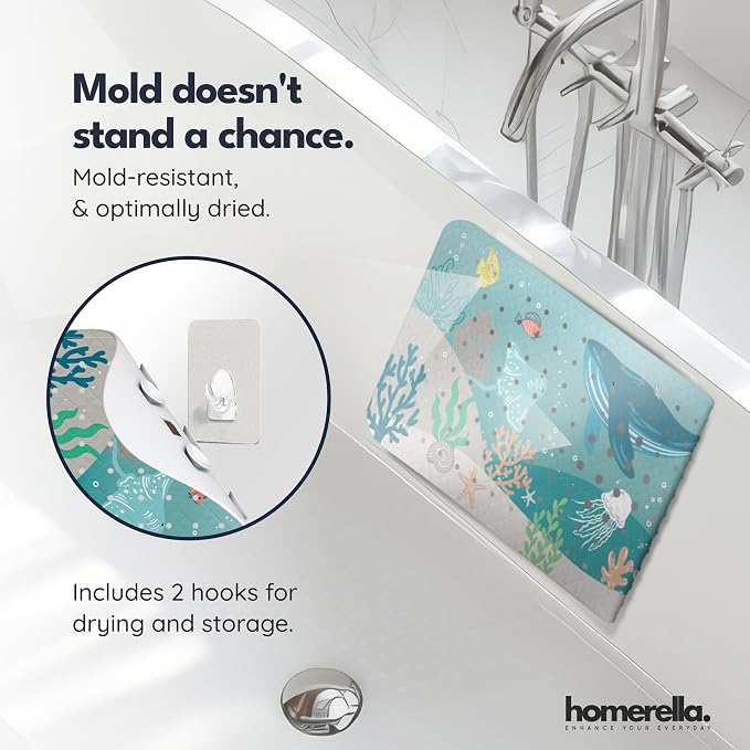 Bath Tub Mat Non Slip Anti Mold for Kids BPA Free INCL Hooks - homerella® Ocean Sea Animals 28x16, Baby Bath Mat Non Slip 200 Suction Cups, Non Toxic Machine Washable Toddler Bath Mat, EU Certified