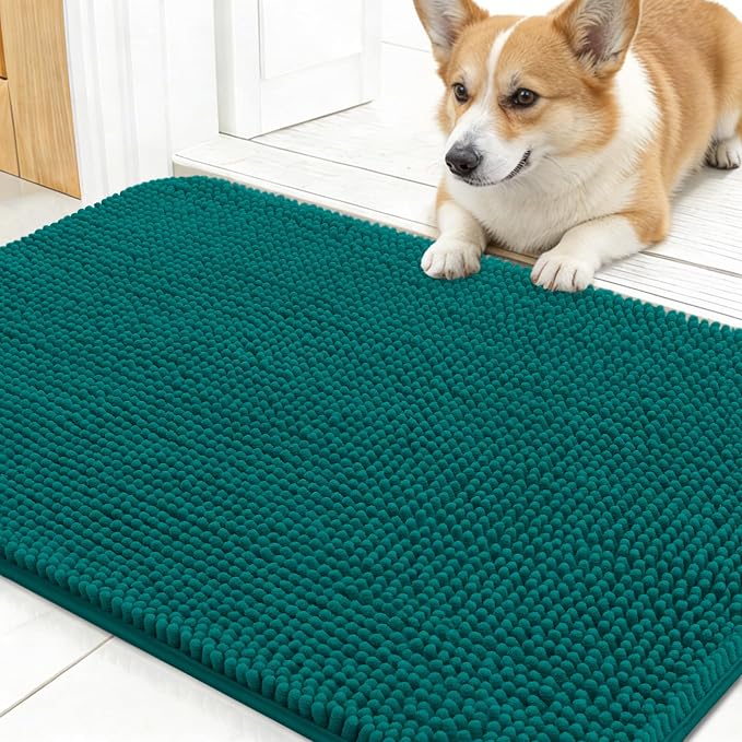 OLANLY Dog Door Mat for Muddy Paws 24x16, Absorbs Moisture and Dirt, Absorbent Non-Slip Washable Doormat, Quick Dry Chenille Mud Mat for Dogs, Entry Indoor Entryway Carpet for Inside Floor, Lake Blue