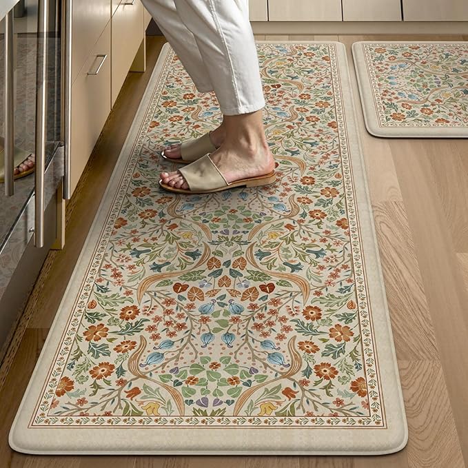 Collive Anti Fatigue Mats for Kitchen Floor, Waterproof Non Skid Kitchen Rugs Sets of 2 Beige Vintage Floral Rug, Foam Comfort Standing Mat for Office, Sink, Laundry