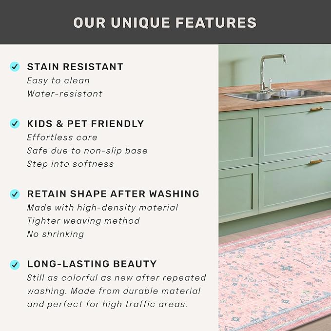 Washable Pink and Blue 6x9 Oushak Rugs for Bedroom Girls, Living Room Kids Playroom Nursery Room, Modern Floral Distressed Design, Soft Faux Wool Low Pile Non Slip Stain Resistance Carpet
