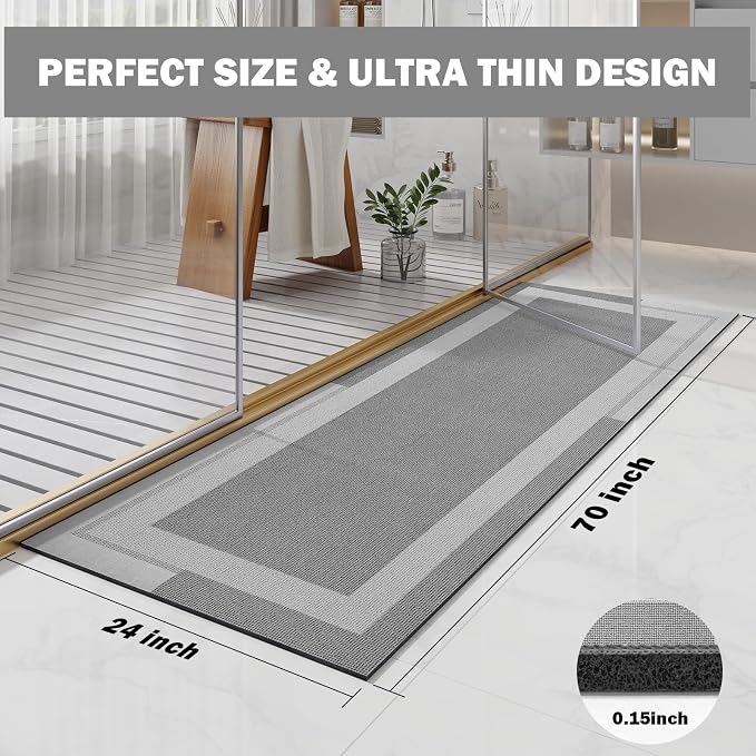 YDKGL Extra Long Non Slip Bathroom Runner Bath Mat, Rubber Backing Ultra Thin Bath Rug Fit Under Door Quick Dry Super Absorbent Washable Shower Mat for Bathroom Floor Bathtub Sink, Grey 24"x70"