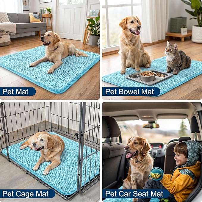 Smiry Dog Door Mat for Muddy Paws 30x20, Absorbent Dirt Trapper, Non-Slip Washable Chenille Entryway Rug for Inside Floor, Sky Blue, Classic Solid