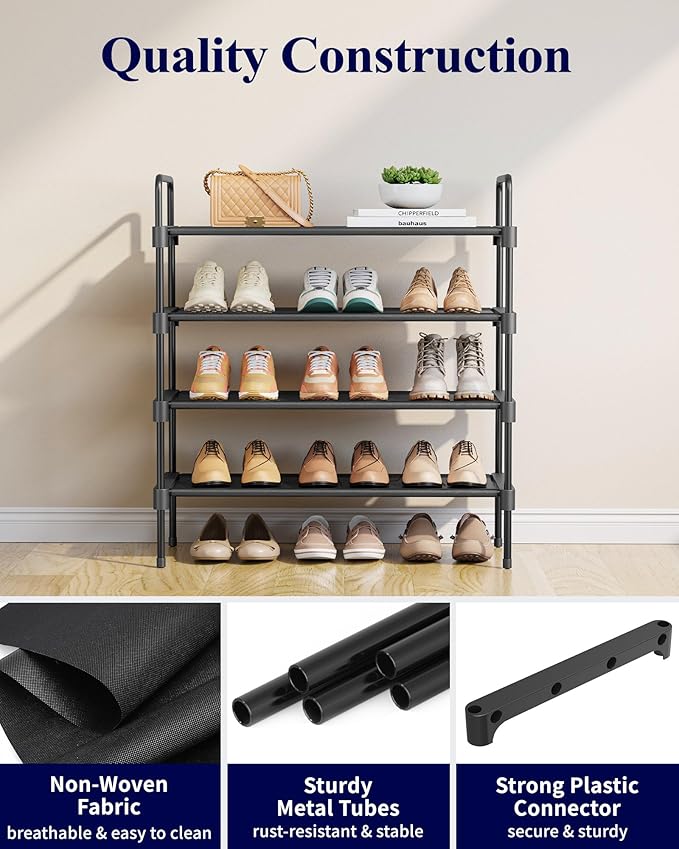 Kitsure Shoe Rack for Closet, Shoe Organizer for Front Door Entrance, Stackable Shoe Shelf, Detachable Closet Organizers and Storage, 26.6" Wide - 4 Tiers, Black