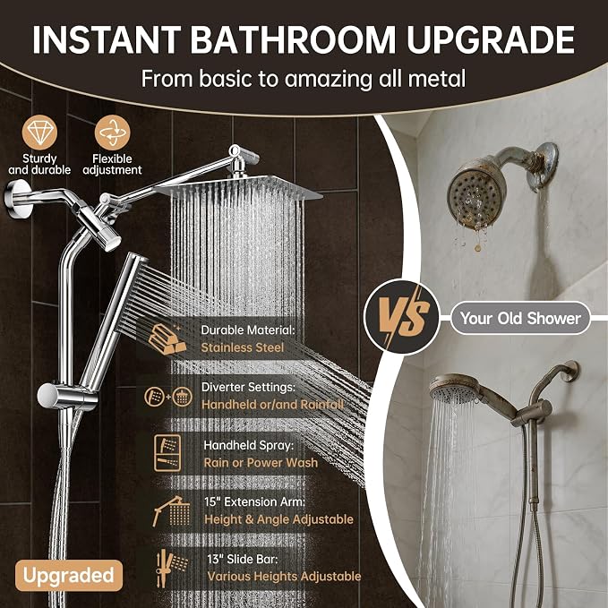 Veken All Metal Shower Head with Handheld, Luxurious Square Spa-like Double Rain Shower Heads,Power Wash Wand,Dual High Pressure Detachable 8" Small Rainfall Showerhead with Spray Combo,Chrome,Sliver