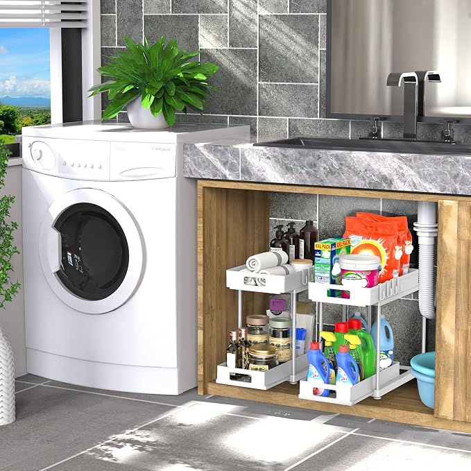 2 Pack Under Sink Organizer with Double Pull-Out Drawer, White | 2-Tier Cabinet Storage, Fits Cleaning Supplies & Toiletries, Space Saving for Small Cabinets, Double-layer Sliding