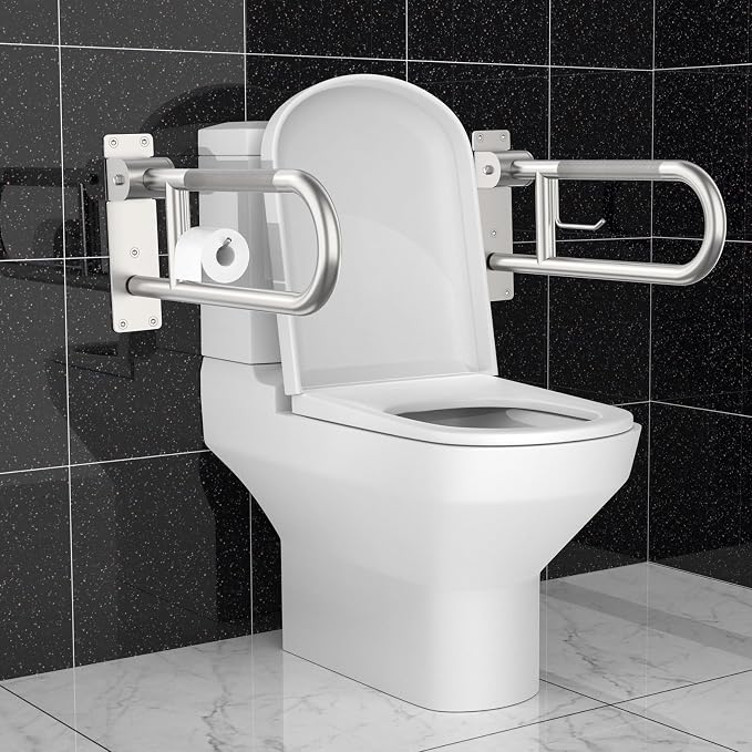 Toilet Grab Bar 24 Inch, Munzong Anti-Slip Handicap Grab Bars with Paper Holder, Flip-Up Bathroom Toilet Safety Rails, Stainless Steel Knurled Support handrails for Seniors Elderly Disabled Pregnant